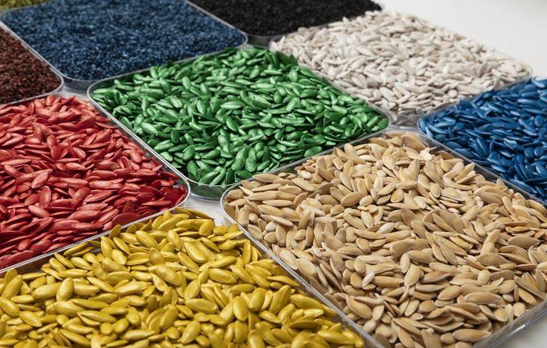 seeds film coated with vibrantly coloured microplastic-free film coatings